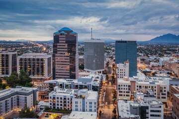 Drone view of downtown Tucson, Arizona at dusk