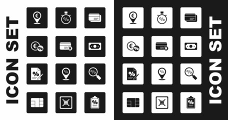 Set Credit card, remove, Money coin with percent, Cash location, Stacks paper money cash, Stopwatch and, Magnifying glass and Finance document icon. Vector