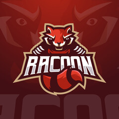 Raccoon esports gaming logo template with modern illustration