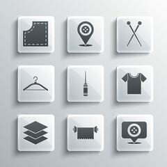 Set Textile fabric roll, Location tailor shop, T-shirt, Awl tool, Layers clothing textile, Hanger wardrobe, Sewing Pattern and Knitting needles icon. Vector