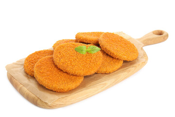 Delicious fried breaded cutlets with basil leaves isolated on white