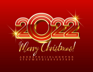 Vector bright Greeting Card Merry Christmas 2022! Creative Luxury 3D Font. Exclusive Alphabet Letters and Numbers set