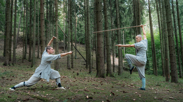 Warrior monks training in forest