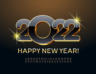 Vector premium Greeting Card Happy New Year 2022! Gold and Black Alphabet Letters and Numbers set. 3D modern Font