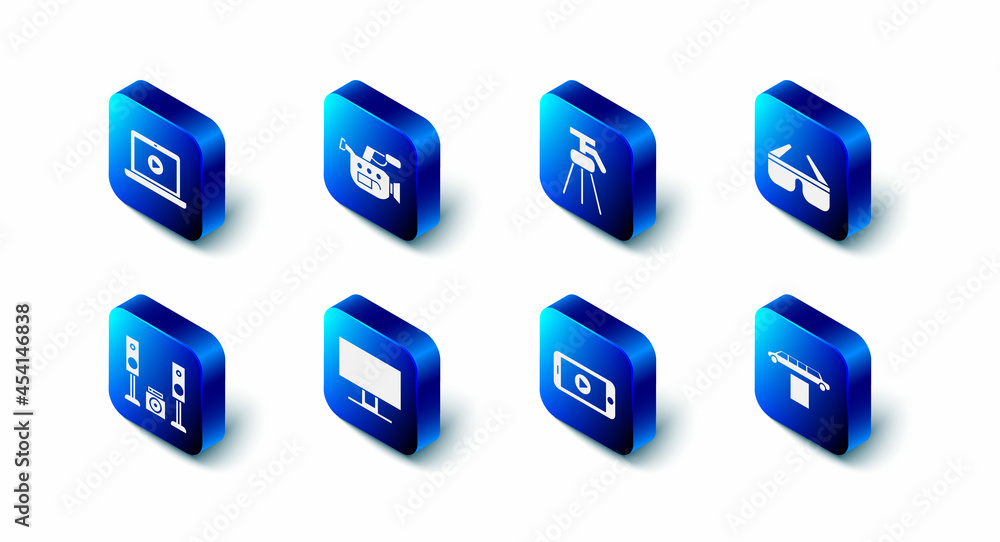 Sticker Set Cinema camera, Tripod, 3D cinema glasses, Limousine car and carpet, Online play video, Smart Tv, Home stereo with two speakers and icon. Vector