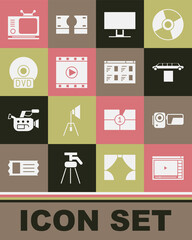 Set Online play video, Cinema camera, Limousine car and carpet, Smart Tv, Play Video, CD or DVD disk, Retro tv and icon. Vector