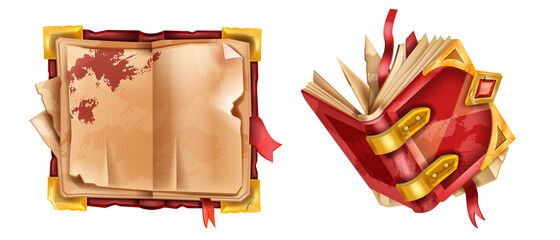 Old book set, vector ancient vintage manuscript, red leather cover, medieval game parchment paper. Magic antique notebook, empty cartoon sheet, witchcraft library object. Old fantasy book icon © Oleksandra