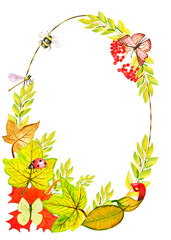 Watercolor autumn frame. A wreath of hand-painted red and yellow leaves and wild berries .Cute insects on the leaves.Butterfly, dragonfly, bee.Suitable for the design of wedding frames, invitations .