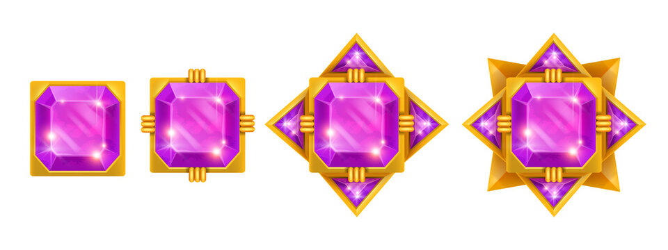 Game gem vector crystal set, diamond UI jewel stone kit, gold ranking award icons isolated on white. Rating achievement royal treasure, magic purple glass star badge. Winner level up game gem medal