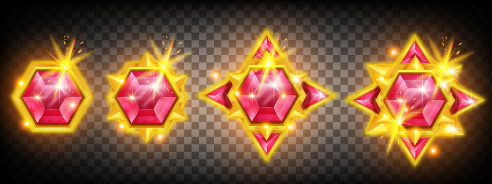 Game gem crystal set, vector diamond jewel stone icon, fire gold achievement UI star, magic glow. Ranking treasure award kit, winner level up badge on transparent background. Game gem assets