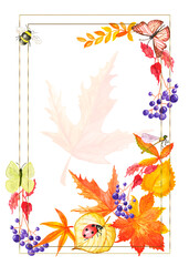 Watercolor autumn frame. A wreath of hand-painted red and yellow leaves and wild berries .Cute insects on the leaves.Butterfly, dragonfly, bee.Suitable for the design of wedding frames, invitations .