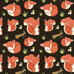 Cute childish sleepy pattern on dark brown background fox and squirrel with grass branch and mushrooms