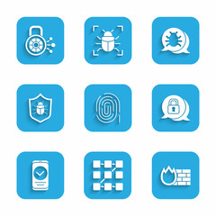 Set Fingerprint, Graphic password protection, Firewall, security wall, Cyber, Smartphone, System bug, and icon. Vector