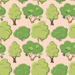 Seamless childish cartoon pattern kids light pink background with many green trees