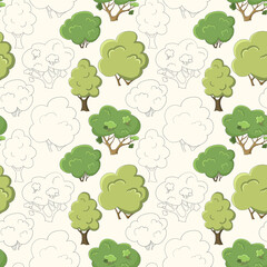 Seamless childish cartoon pattern kids white  background with many green trees
