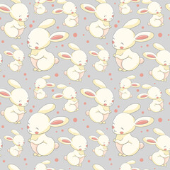 Seamless childish cartoon pattern kids grey background cute little bunnies rabbits hares pink dots