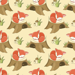 Seamless childish cartoon pattern kids yellow background cute little foxes on stump with grass and mushrooms