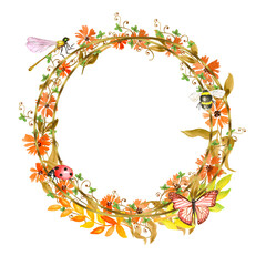 Watercolor autumn frame. A wreath of hand-painted red and yellow leaves and wild berries .Cute insects on the leaves.Butterfly, dragonfly, bee.Suitable for the design of wedding frames, invitations .