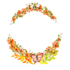 Watercolor autumn frame. A wreath of hand-painted red and yellow leaves and wild berries .Cute insects on the leaves.Butterfly, dragonfly, bee.Suitable for the design of wedding frames, invitations .