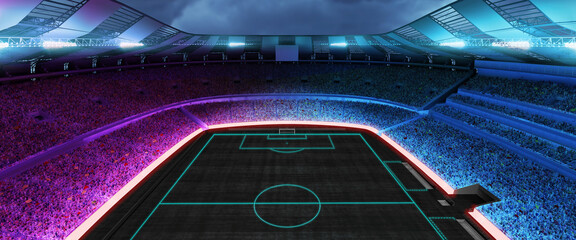 Image of empty stadium and neoned colorful flashlights background. Concept of sport, competition, winning, action and motion. No sportsmen area for championships, your ad, design © master1305