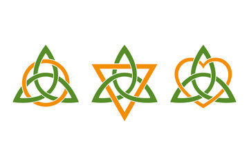 Colored triquetras, intertwined with three orange colored symbols. Green Celtic knots, triangle shaped figures, used in ancient Christian ornamentation, with a circle, a triangle and a heart. Vector. - obrazy, fototapety, plakaty