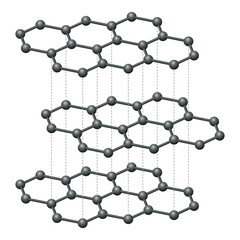 Graphite layers, three-dimensional, schematic diagram. The crystalline form of carbon atoms, hexagonally arranged, forming flat honeycomb lattice layers. Side view of the molecular structure. Vector.