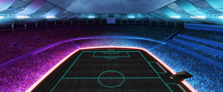 Image of empty stadium and neoned colorful flashlights background. Concept of sport, competition, winning, action and motion. No sportsmen area for championships, your ad, design