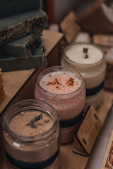 Handmade natural soap on wooden background. Spa natural treatments. Organic natural products for spa and wellness products.