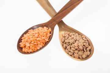 Very Healthy Food; Raw Lentils and Peeled Red Lentils
