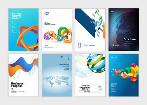 Set of brochure, annual report, business plan cover design templates. Vector illustrations for business presentation, business paper, corporate document, and marketing material.