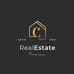 Letter c logo with real estate house icon luxury line style, Vector illustrations