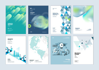 Set of brochure, annual report, business plan cover design templates. Vector illustrations for business presentation, business paper, corporate document, and marketing material.