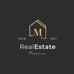 Letter m logo with real estate house icon luxury line style, Vector illustrations