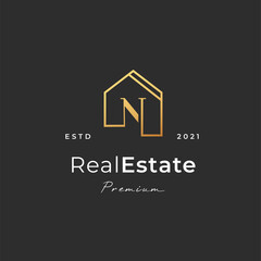 Letter N logo with real estate house icon luxury line style, Vector illustrations