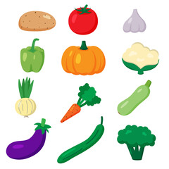 Set of vector vegetables. Cartoon flat style. Cauliflower, carrot, eggplant, onion, broccoli, pumpkin, tomato, potato, paprika. Print for recipes, restaurant, supermarket, market place. Vegan food. 