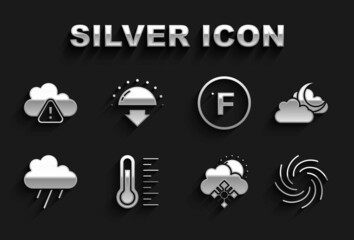 Set Meteorology thermometer, Cloud with moon, Tornado, snow and sun, rain, Fahrenheit, Storm warning and Sunset icon. Vector
