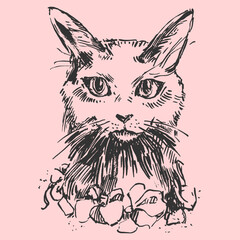 Hand drawn ink illustration with cat and flowers.