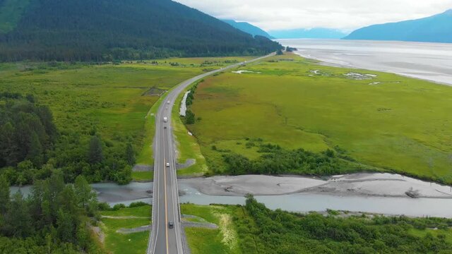 4K Cinematic Drone Video of Marsh in Turnagain Arm Bay at Glacier Creek along Seward Highway Alaska Route 1 near Anchorage, AK