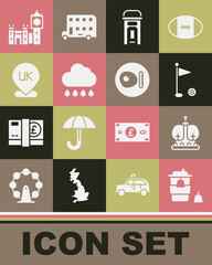 Set Coffee cup to go, British crown, Golf flag, London phone booth, Cloud with rain, Location England, Big Ben tower and breakfast icon. Vector