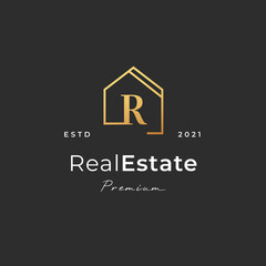 Letter R logo with real estate house icon luxury line style, Vector illustrations