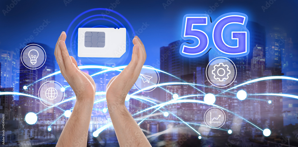 Poster man demonstrating 5g sim card model and cityscape with connection lines on background, closeup. bann