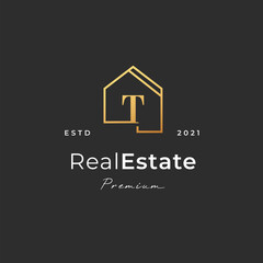 Letter T logo with real estate house icon luxury line style, Vector illustrations