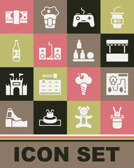 Set Magician hat and rabbit, Amusement park map, Ticket box office, Gamepad, Home stereo with two speakers, Bottle water, Stacks paper money cash and Bottles ball icon. Vector