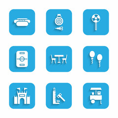 Set Picnic table with chairs, Striker attraction hammer, Fast street food cart, Balloons, Castle, Hockey, Lollipop and Hotdog icon. Vector