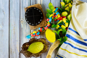 Decorations for Sukkot on fresh citron, etrog the Jewish holiday
