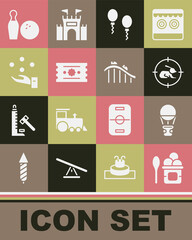 Set Ice cream in bowl, Hot air balloon, Hunt rabbit with crosshairs, Balloons, Ticket, Juggling, Bowling pin and and Roller coaster icon. Vector