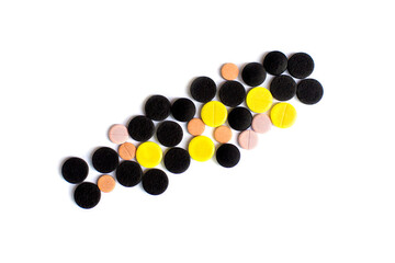 Pills. Multi-colored pills on an isolated white background. Healthcare and medicine.
