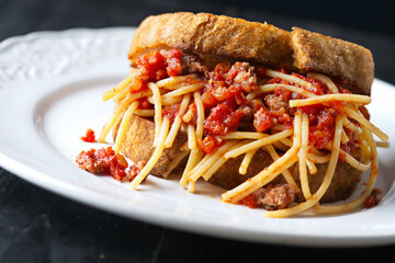 rustic spaghetti bolognese sandwich