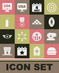 Set Burger, Cannon, American Football ball, Calendar with date July 4, Medal star, Dynamite bomb, USA monitor and Gold bars icon. Vector