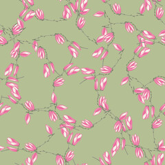 Seamless pattern Magnolias on pastel green background. Beautiful texture with spring pink flowers.